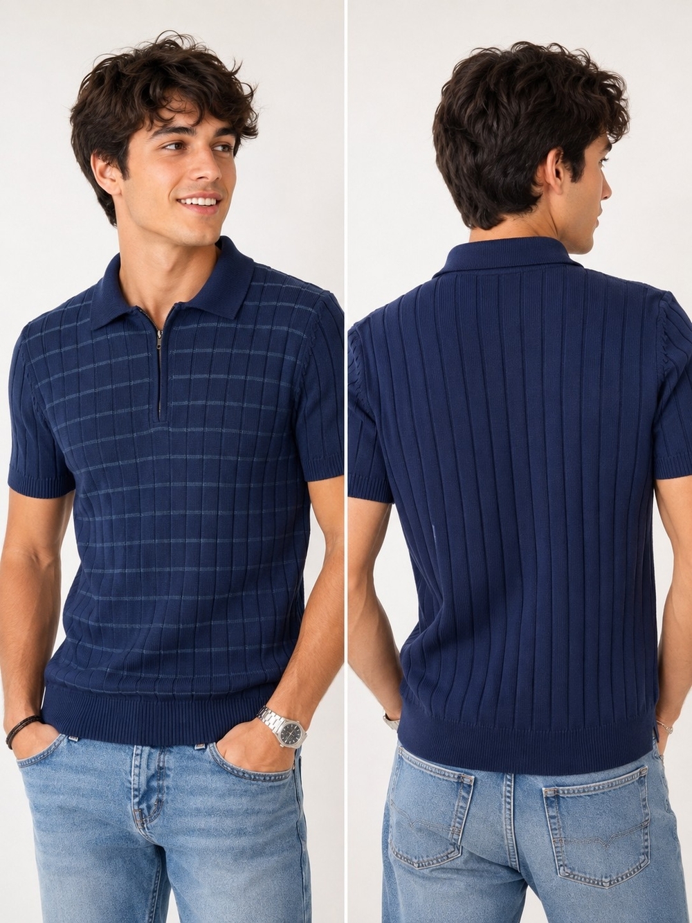 HUGO Men's Navy Short-Sleeve Zip-Front Polo